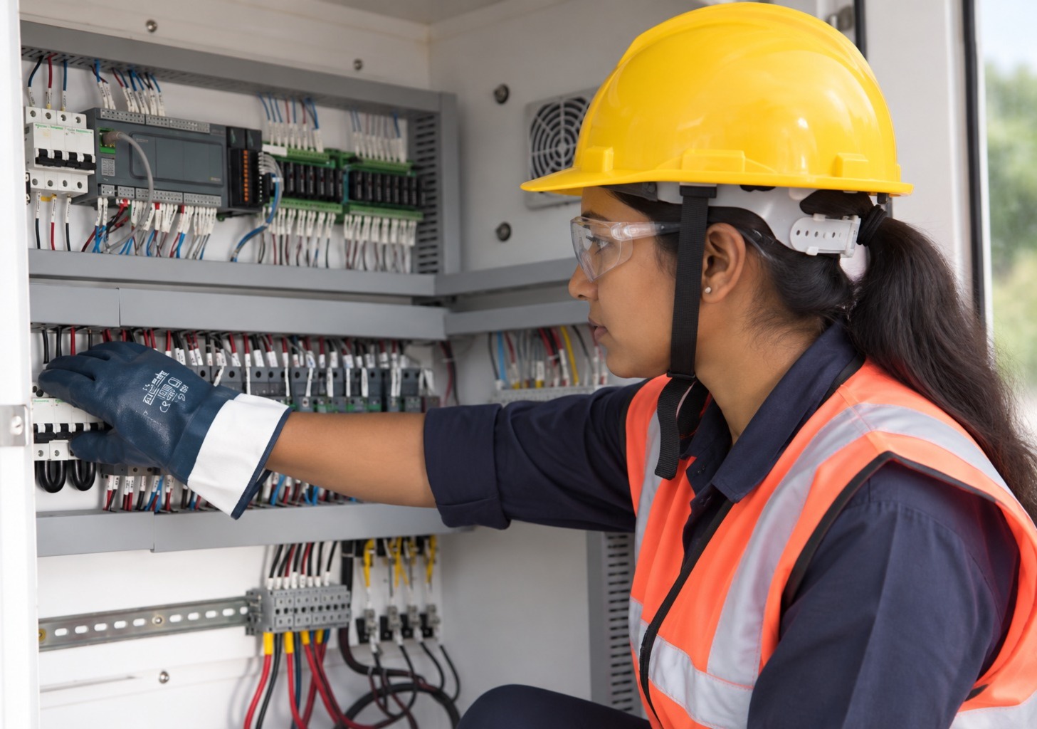 An engineer in a hard hat and safety vest checking wiring inside an electrical control panel