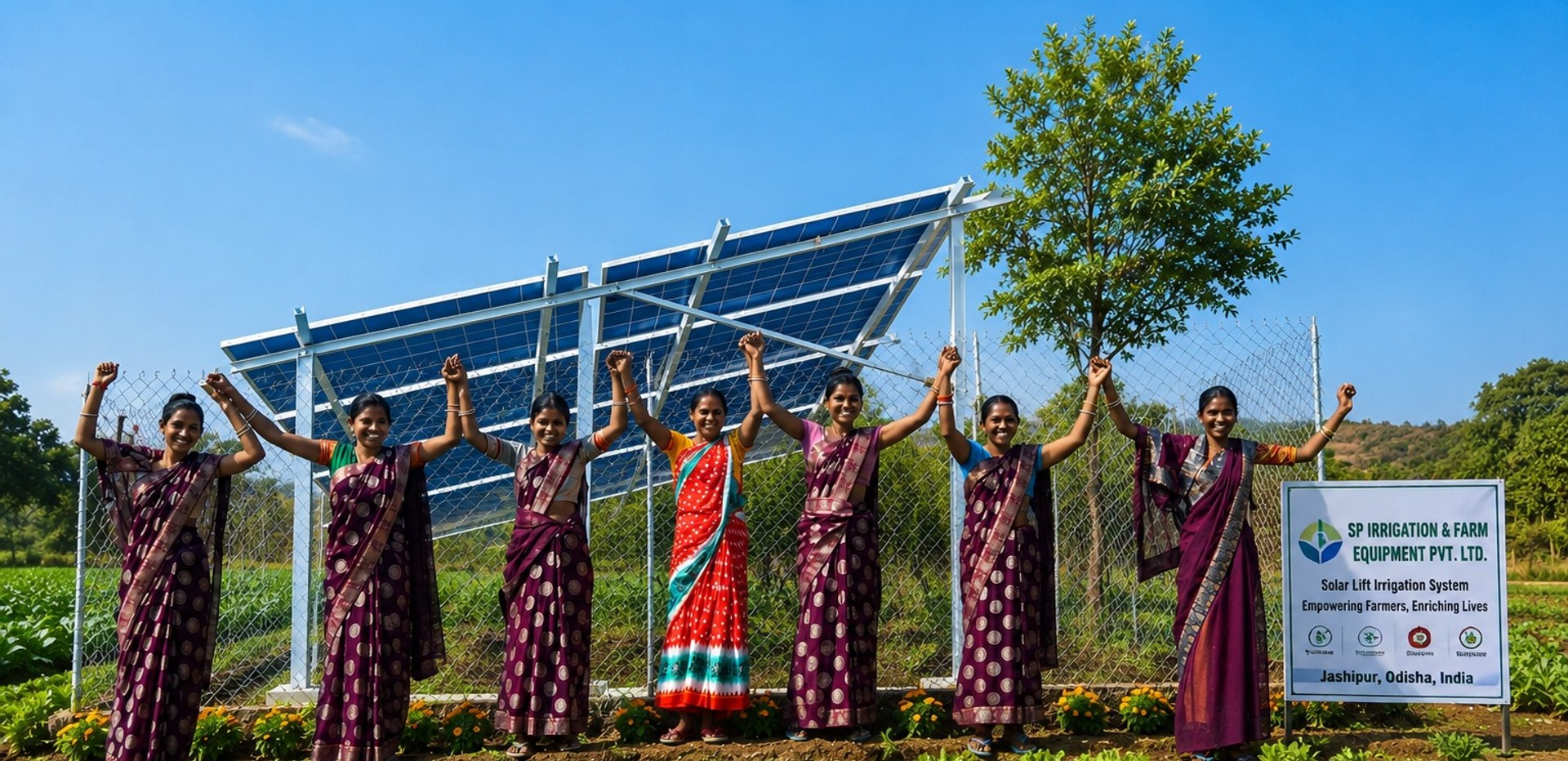 Seven women farmers celebrating hand-in-hand in front of their newly installed solar irrigation array in Jashipur, Odisha